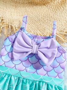 SHEIN Babygirl Cute Mermaid Print Casual Knit Bowknot Color Blocking Strap One-Piece Swimsuit, Summer