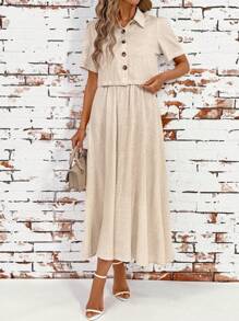 Ellevyn Bộ đồ mùa hè 2 món cho nữ - Áo sơ mi tay ngắn bằng vải lanh pha trộn thoải mái và váy hai dây, trang phục thường ngày trang phục mùa hè cho nữ váy lễ Phục sinh cho nữ bộ đồ hai mảnh cho nữ trang phục đi nghỉ cho nữ bộ đồ 2 mảnh cho nữ trang phục phương Tây cho nữ bộ đồ hai mảnh mùa hè Boho vải lanh Bohemia - Màu be - Xem 10