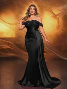 Glamrae 加大码优雅奢华露肩亮片拼布弹力缎面褶皱不对称鱼尾下摆连衣裙，适合婚礼、派对、活动、宴会 - 黑色 - 查看 5