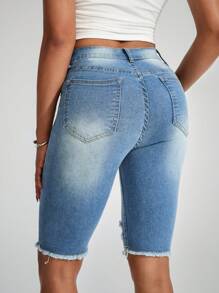 SHEIN Essnce Distressed Pockets Contrast Color Casual Versatile Skinny Denim Capri Pants