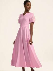 GENKIRA Elegant Women's Lavender Summer Round V-Neck Dress,Wedding Ninang 3D Floral Decoration,Waistline Defining,Flared Skirt,Luxurious Sophisticated Design - Pink - View 2