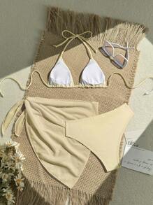 Swim Vcay 三件套纯色沙滩装，印花图案随机，夏日海滩度假 - 杏色 - 查看 2