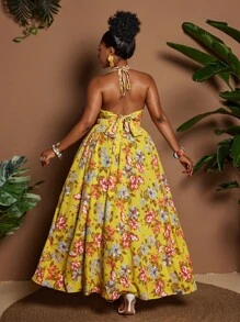 Maweii 2025 New Women Plus Size Yellow Summer Boho Vacation Holiday Elegant Spaghetti Strap Backless Lace-Up Colorblock Gradient Print A-Line Slip Dress - Multicolor - View 2