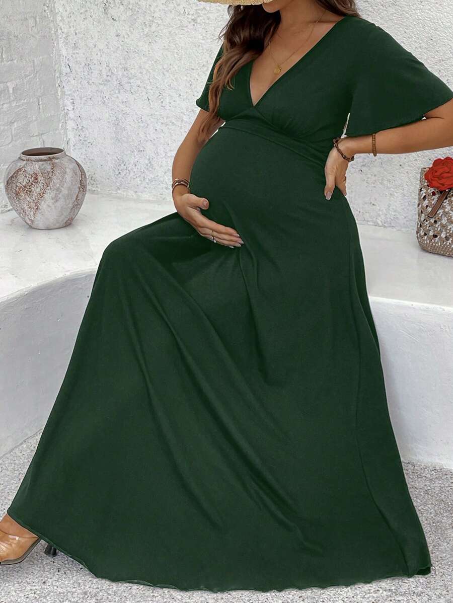 SHEIN Pregnant Women Solid Color Deep V Neck Short Sleeve Elegant Dress