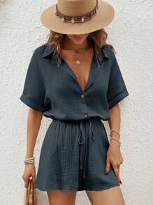 SHEIN LUNE 蝙蝠袖襯衫&前打結短褲 - 藏蓝色 - 查看 3