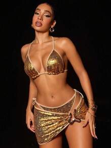 Swim SXY 3pcs Women Sparkly Bikini Set, Strappy Backless Sexy Swimsuit For Summer Beach Vacation - Gold - View 3