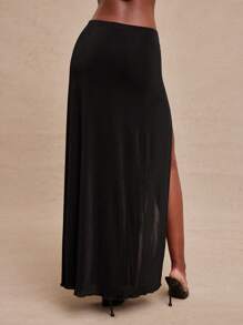 NYA SZN Einfarbiger, grundlegender Mini-Schlitz-Maxirock, Büro-Lässig, Brunch, Herbst