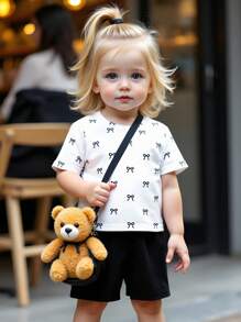 Baby Mädchen Koreanische Mode lässige süße Rundhalspulli mit Digitalprint und Schleife, dazu einfarbige gestrickte Shorts, Sommer