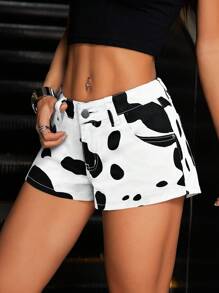 Jeanoix 复古美式奶牛图案低腰女士修身牛仔短裤