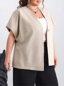SHEIN CURVE+ 夏季休闲纯色短袖开襟衬衫，大码夏季/乡村/海滩度假/沙滩装，大码衬衫，大码开衫，夏季开衫，大码短袖开衫，大码女式衬衫，商务休闲 - 杏色 - 查看 3