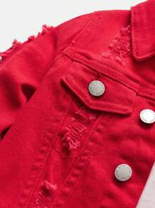 SHEIN 男婴 2 件套白色休闲可爱破洞磨边翻领长袖牛仔夹克和高弹力紧身蓝色牛仔裤，适合男婴秋装和户外服装