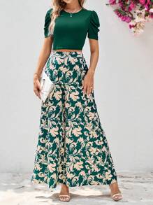 Ellevyn 女士純色短袖擴袖T卹和綠色花卉印花褲裝套裝