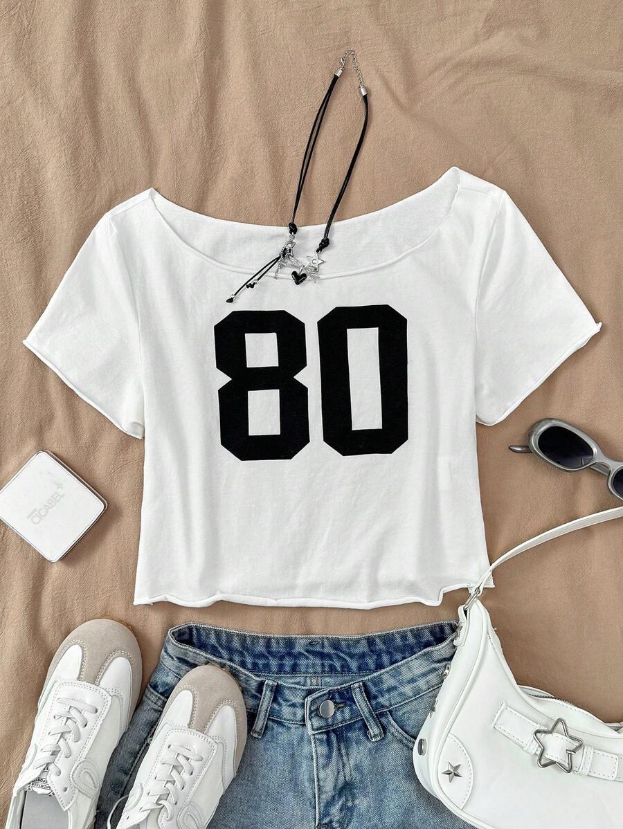 SHEIN Top ajustado con estampado, manga corta, hombros descubiertos, con eslogan de punto blanco real para adolescentes. Informal, fresco, básico, versátil, moda deportiva de verano. Ideal para vuelta al cole y uniformes escolares. - Blanco - Ver 1