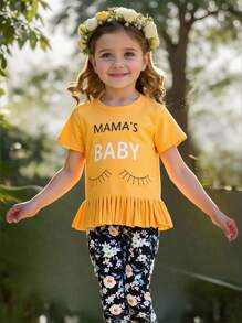 SHEIN 2 Stücke Kleine Mädchen Set: Einfaches gestricktes T-Shirt mit Rundhalsausschnitt & Flare Hose mit Blümchenmuster - Gelb - Übersicht 1