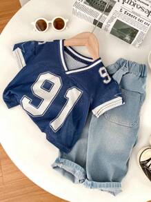 Camiseta deportiva informal y versátil de cuello en V de manga corta, cómoda, transpirable, fresca y con tejido que absorbe la humedad, apropiada para niños y niñas pequeños, adecuada para interior, exterior, diario, deportes, juego, fiesta, sesión de fotos, vacaciones, primavera/verano - Azul Marino - Ver 8