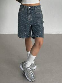 DAZY 女士夏季水钻装饰休闲宽松直筒七分牛仔短裤亮片 - 深色水洗藍 - 查看 5