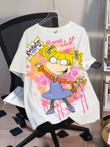 Nick 90s | SHEIN Plus Size Summer Casual Cute Cartoon Pattern Drop Shoulder T-Shirt  Music Festival - White - View 5