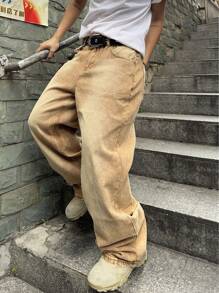 Manfinity EMRG Men's Long Khaki Denim Stacked Wide Leg Jeans Avant-Garde Street Style With Chain Accent