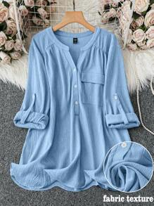 DreamSkyne Plus Size Casual Versatile Solid Color Shirt Fall Cloth For Women - Baby Blue - View 3