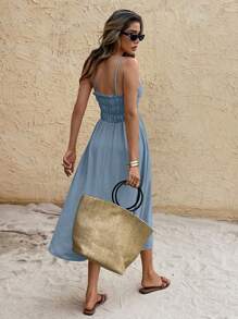 SHEIN Frenchy Đầm dài vừa phải dây mảnh màu trơn đơn giản cho kỳ nghỉ của phụ nữ - Màu xanh bụi bặm - Xem 2