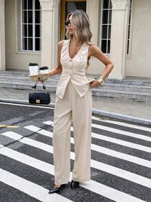 SHEIN Frenchy Women's Solid V-Neck Sleeveless Single-Breasted Metallic Buckle Casual Top And Pants 2 Pieces Set, Neckline Pleated Design,Metal Button  Sleeveless Top And Pants Two-Piece Set,Imple Fashion Elegant Office,Business For Commuting,Linen-Like Bamboo Pattern Stretch Fabrics