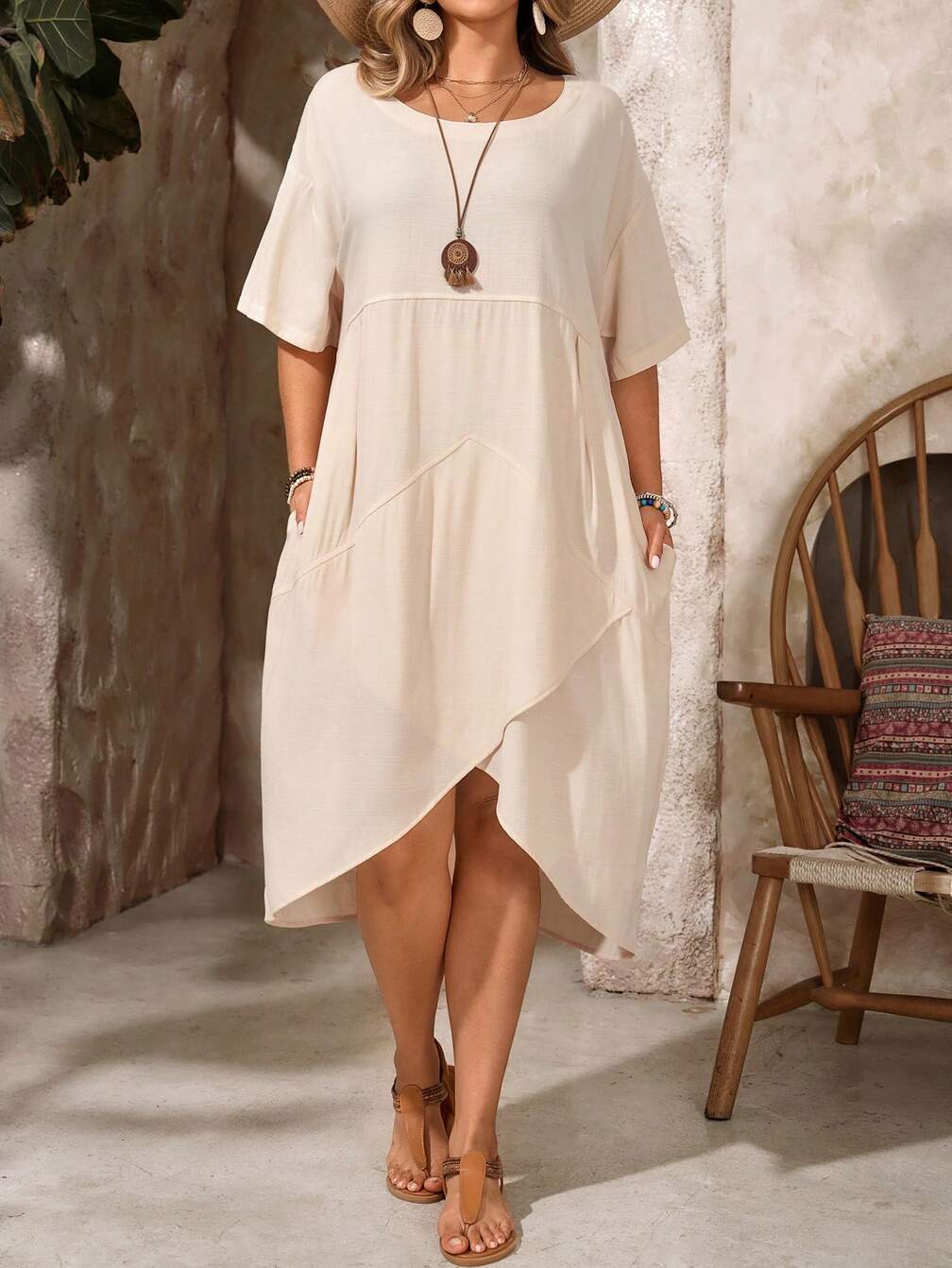 white loose midi dress Zvavz Ruffle Long Sleeve Dress for Women Cotton Linen V Neck Maxi Dress Summer Casual Pleated Loose Midi Dresses White,M, Women's, Size: Medium, Green
