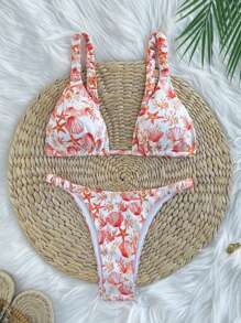 Swim Mod Conjunto de bikini sexy con parte delantera anudada y espalda descubierta con estampado de vida marina texturizada para vacaciones en la playa de mujeres - Naranja - Ver 1