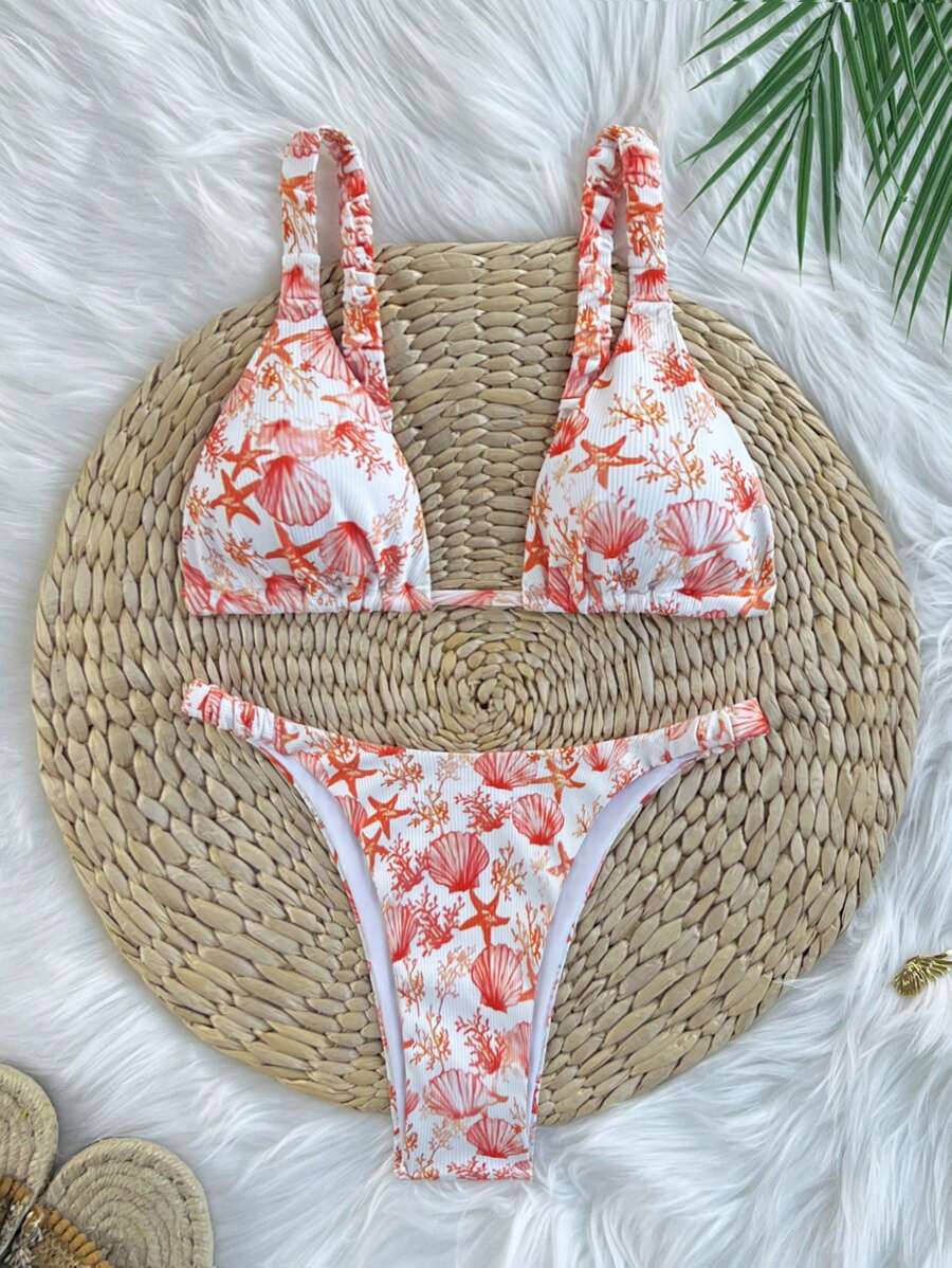 Swim Mod Conjunto de bikini sexy con parte delantera anudada y espalda descubierta con estampado de vida marina texturizada para vacaciones en la playa de mujeres - Naranja - Ver 1