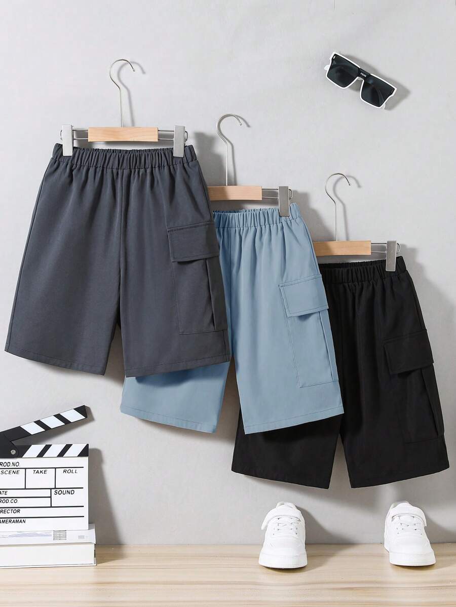 SHEIN 3 件套：青少年男孩宽松工装短裤和 T 恤，适合学校、校园、大学 - 霧霾藍 - 查看 1