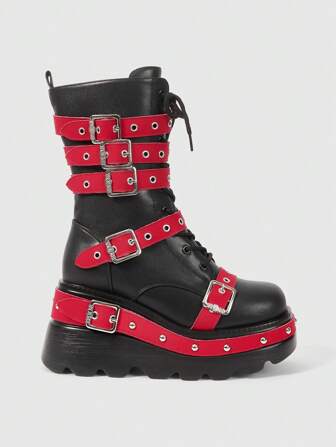 Grunge Punk Botas de caña media para mujer con puntera redonda, plataforma, estilo gótico y punk, con hebilla y correa a puntos