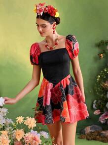 Frida Kahlo X SHEIN X Designer The Perfect Party Vestido mini lindo de manga corta abullonada con estampado floral para mujer, atuendo de vacaciones de verano