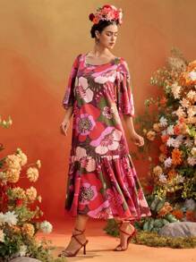 TIYA Frida Kahlo X SHEIN X Designer 花卉印花喇叭袖 A 字中长连衣裙女式夏季连衣裙度假装 - 彩色 - 查看 5