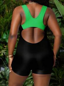 Slaydiva Plus Size Women's Solid Color Patchwork Fabric Sports Style Backless Monokini One-Piece Swimsuit For Summer Beach Vacation