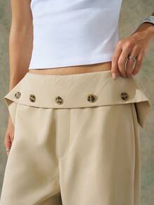 LYSMO Woman's Khaki Runway Style Designer Button-Detail Waistband Summer Pants For Streetwear, Office And Daily Basic, Vacation Outfits 2025New Arrival - Khaki - View 7