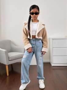 SHEIN Tween 女童休闲长袖立领夹克，秋冬 - 卡其色 - 查看 4