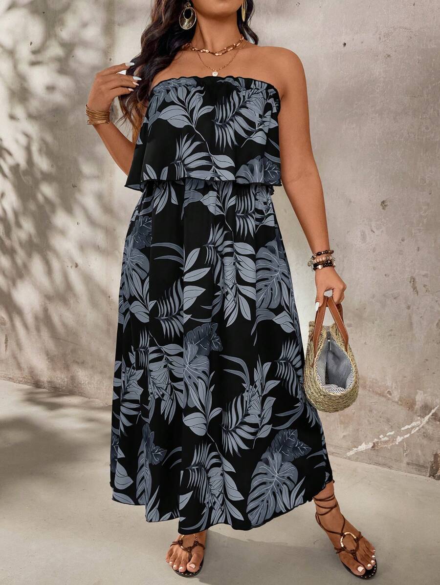 SHEIN Holidaya Robe à volants à imprimé floral pour femmes grandes tailles, style vacances - Gris - Voir 1