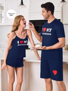 可爱心形图案拼色印花情侣男士家居服套装，适合男友的礼物 - 藏蓝色 - 查看 5