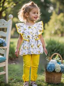 SHEIN Baby Girl Floral Knitted Elastic Top With Ruffle Trim And Drawstring Pants, Summer Vacation Outfit - Yellow - View 2