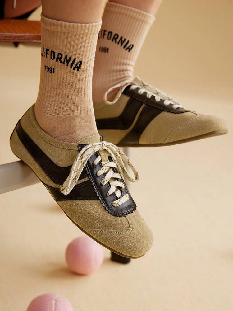 CUCCOO EASI Apricot Suede Flat Casual Athletic Sneakers For Women