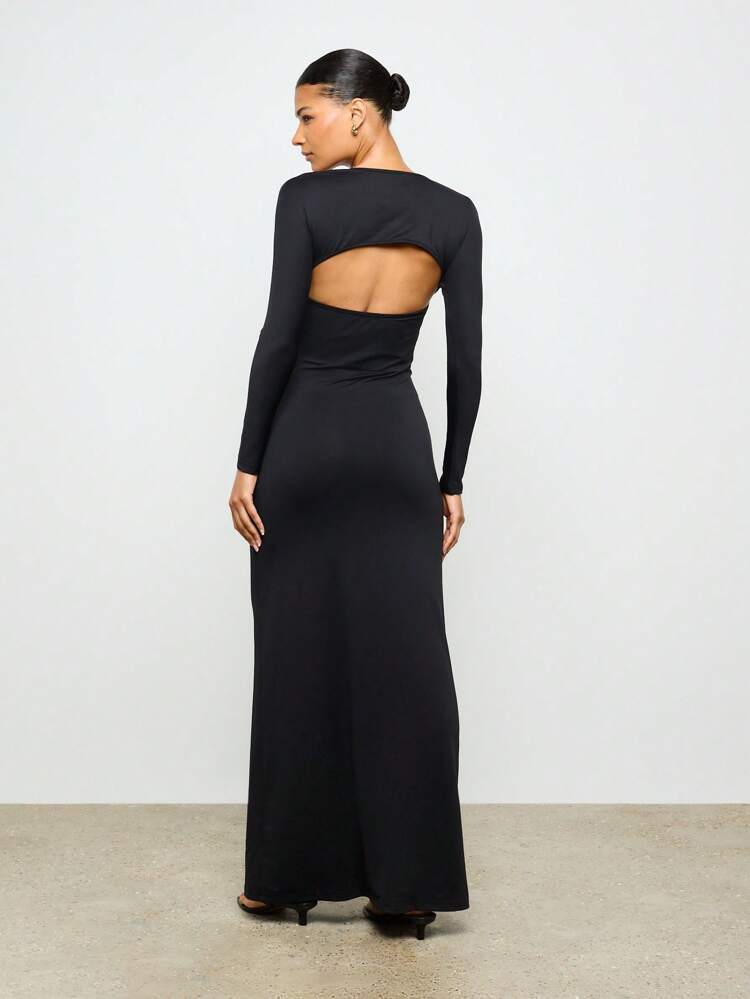 AiiRZ Elegant One Sleeve Cut Out Back Maxi Evening Gown Floor Length High Fashion Special Occasion Body Conscious Stretch Jersey Dress