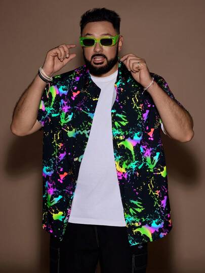 EASEVO Men Plus Size Reflective Splash Ink Print Shirt Short Sleeve Button Up Graphic Colorful Going Out Shirt