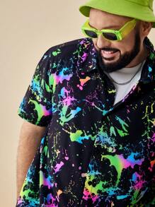 EASEVO 男士加大尺碼反光彩墨印花襯衫，短袖扣上圖形多彩外出襯衫 - 彩色 - 查看 7