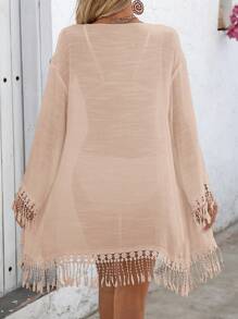 Swim Vcay Women's Vacation Style Solid Color Contrast Lace Tassel Loose Kimono Cover Up For Summer - Khaki - View 2
