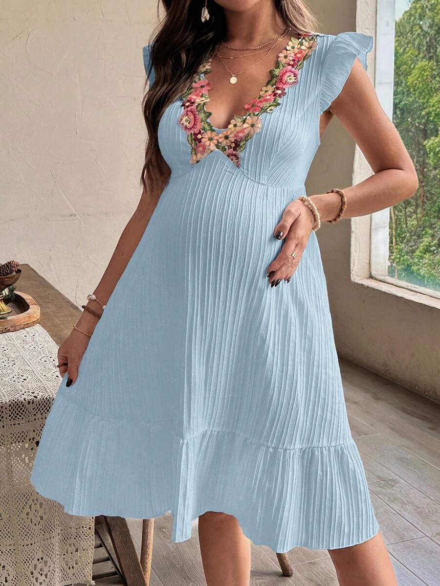 SHEIN Ruffle Sleeve V-Neck Textured Maternity Dress - Baby Blue - View 1