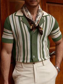 Manfinity Homme Áo len dệt kim kẻ sọc cổ ve màu sắc mùa hè cho nam - xanh quân đội - Xem 2