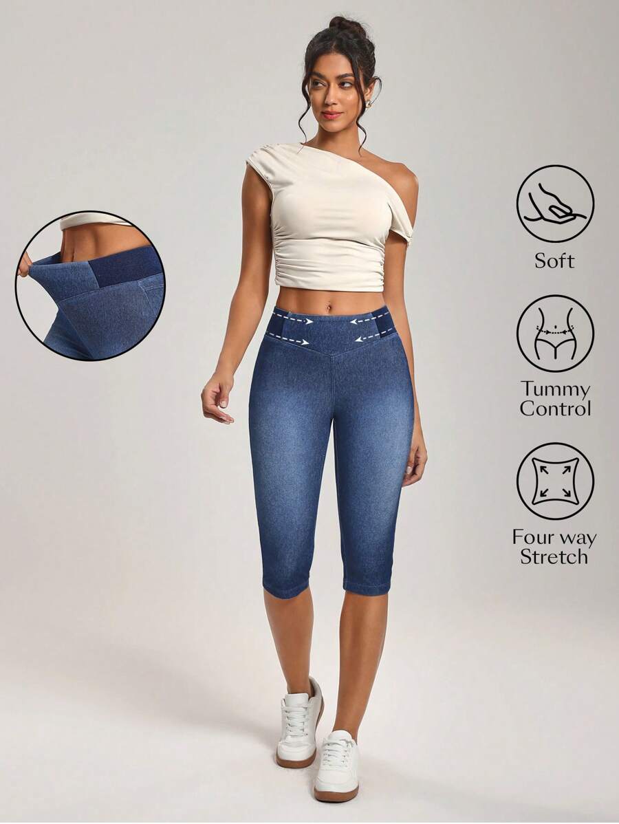 SHEIN Essnce Quần jean nữ dáng ôm, đa năng, dài đến khuỷu tay (3/4) bằng vải denim. - Màu xanh lam - Xem 1