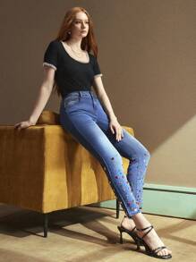 SHEIN BAE 女士牛仔裤，Selenza 十二生肖系列 - 五月诞生石：祖母绿，工艺系列，优雅通勤与休闲，高贵，健康，治愈，鼓舞人心，团结和同理心 - 藍色 - 查看 7