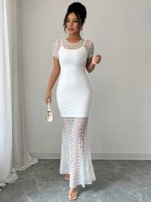 Elenzga Women's Summer Round Neck Short Sleeve Bodycon Maxi Dress Set, Mesh White Lace Maxi Dress & Camisole Mini Dress, Elegant For Dating, Party, Beach Vacation