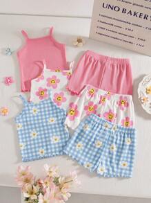 SHEIN Vintaside Kids 女婴舒适百搭可爱吊带短裤套装，夏季多件套服装 - 彩色 - 查看 2