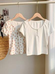 Comfortcana 2-Color Knit Form-Fitting Women T-Shirt, Stylish For Summer Wear - Multicolor - View 6